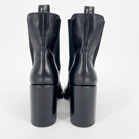 Prada Black Leather Square Toe Block Heel Platform Chelsea Ankle Boot IT 37.5 - Picture 7 of 13